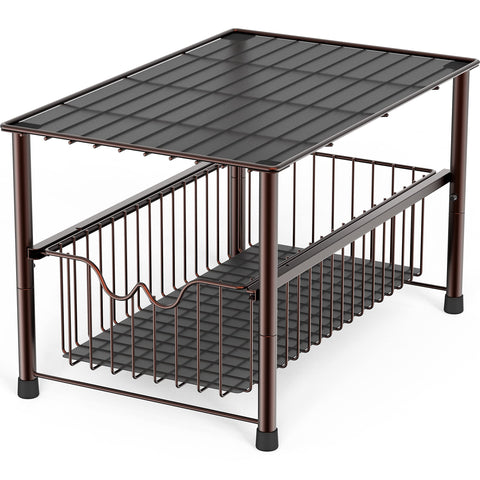 Deco Brothers stackable under-sink organizer with bronze sliding basket for easy access