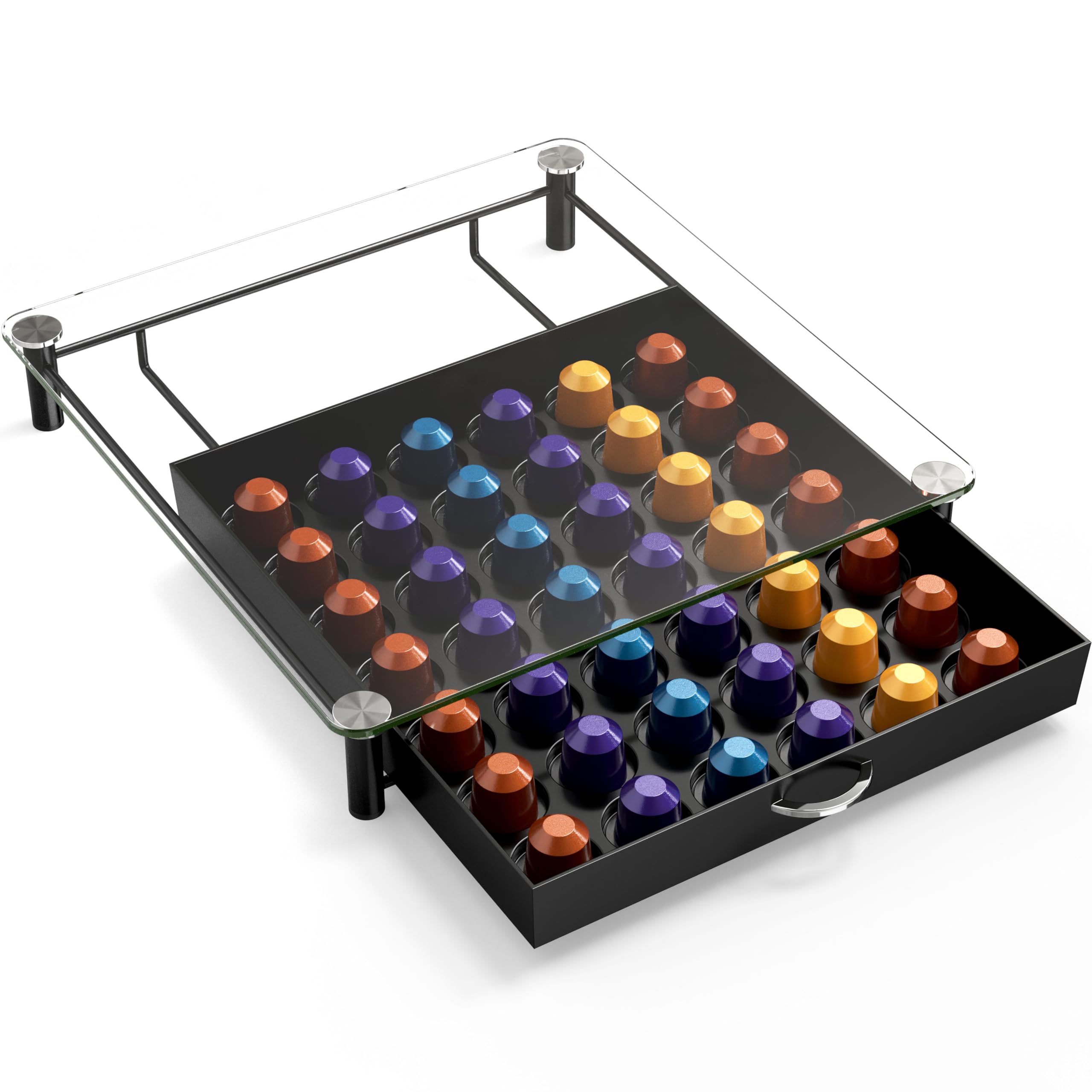 Deco Brothers tempered glass drawer shows 42 Original Line pods at a glance for quick selection.