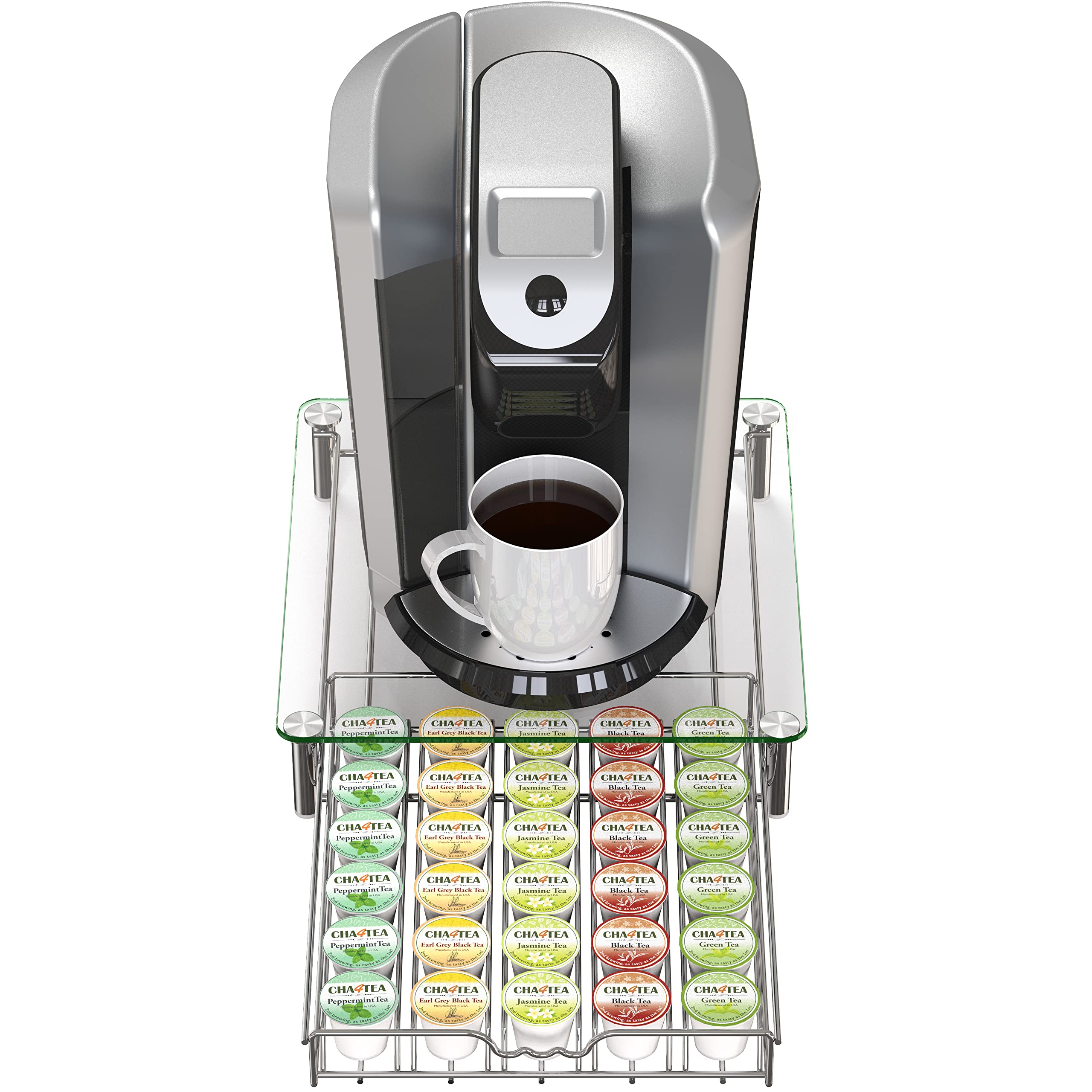 Space-saving Deco Brothers unit placed under a Keurig machine.