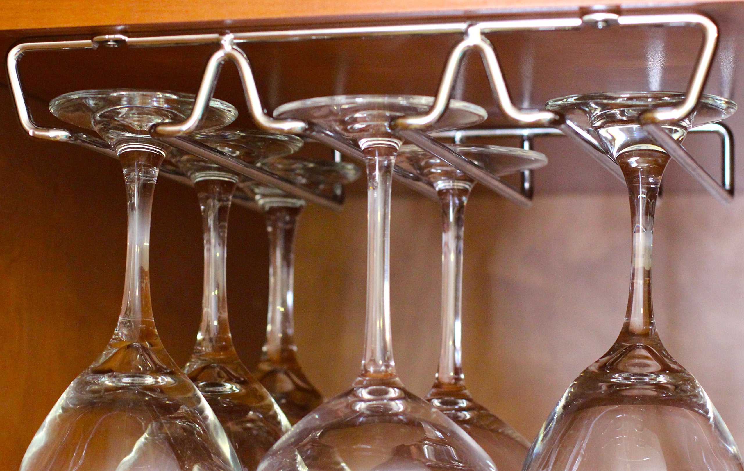 Deco Brothers under-cabinet wine glass rack in chrome saves cabinet space.