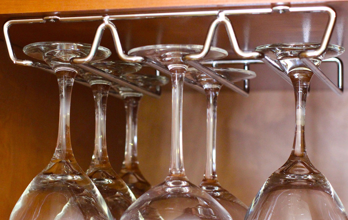 Deco Brothers under-cabinet wine glass rack in chrome saves cabinet space.