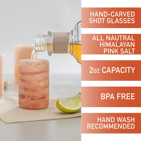 Hand-carved pink salt shot glasses highlight texture and natural color