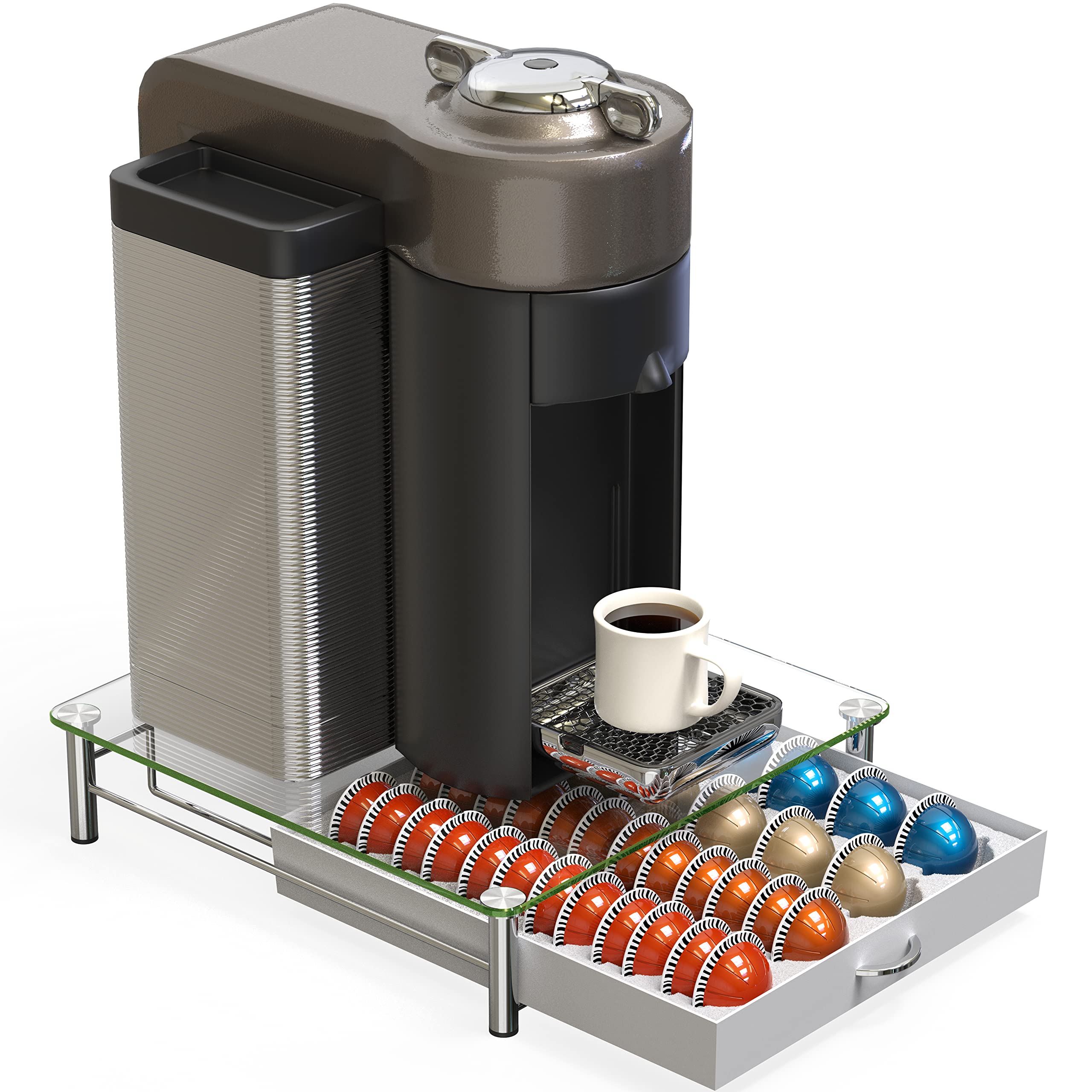 DecoBrothers crystal tempered-glass Vertuo pod drawer capacity for 24 large capsules.