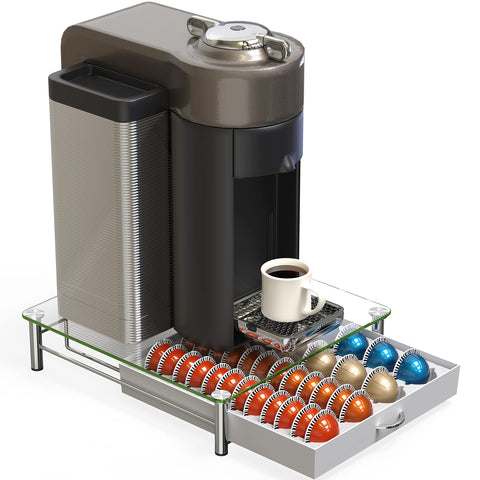 DecoBrothers crystal tempered-glass Vertuo pod drawer capacity for 24 large capsules.