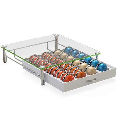 DecoBrothers crystal tempered-glass Vertuo pod drawer capacity for 48 small capsules.