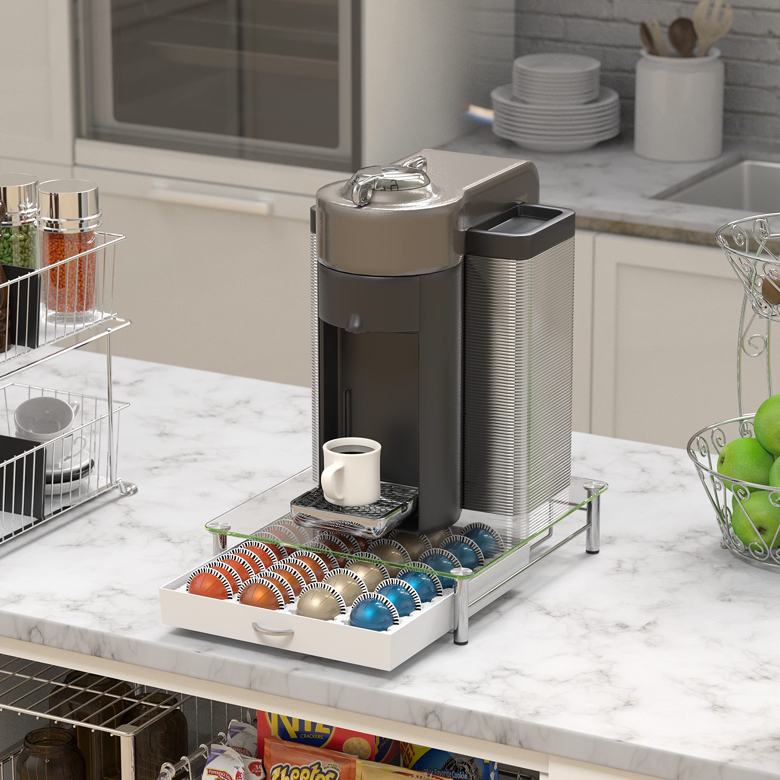 DecoBrothers crystal tempered-glass Vertuo pod drawer side view shows stable capsule storage.