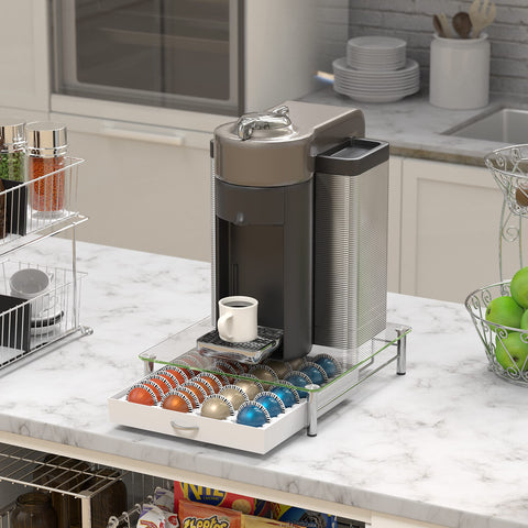 DecoBrothers crystal tempered-glass Vertuo pod drawer side view shows stable capsule storage.