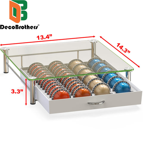 DecoBrothers crystal tempered-glass Vertuo pod drawer under a coffee maker saves counter space.