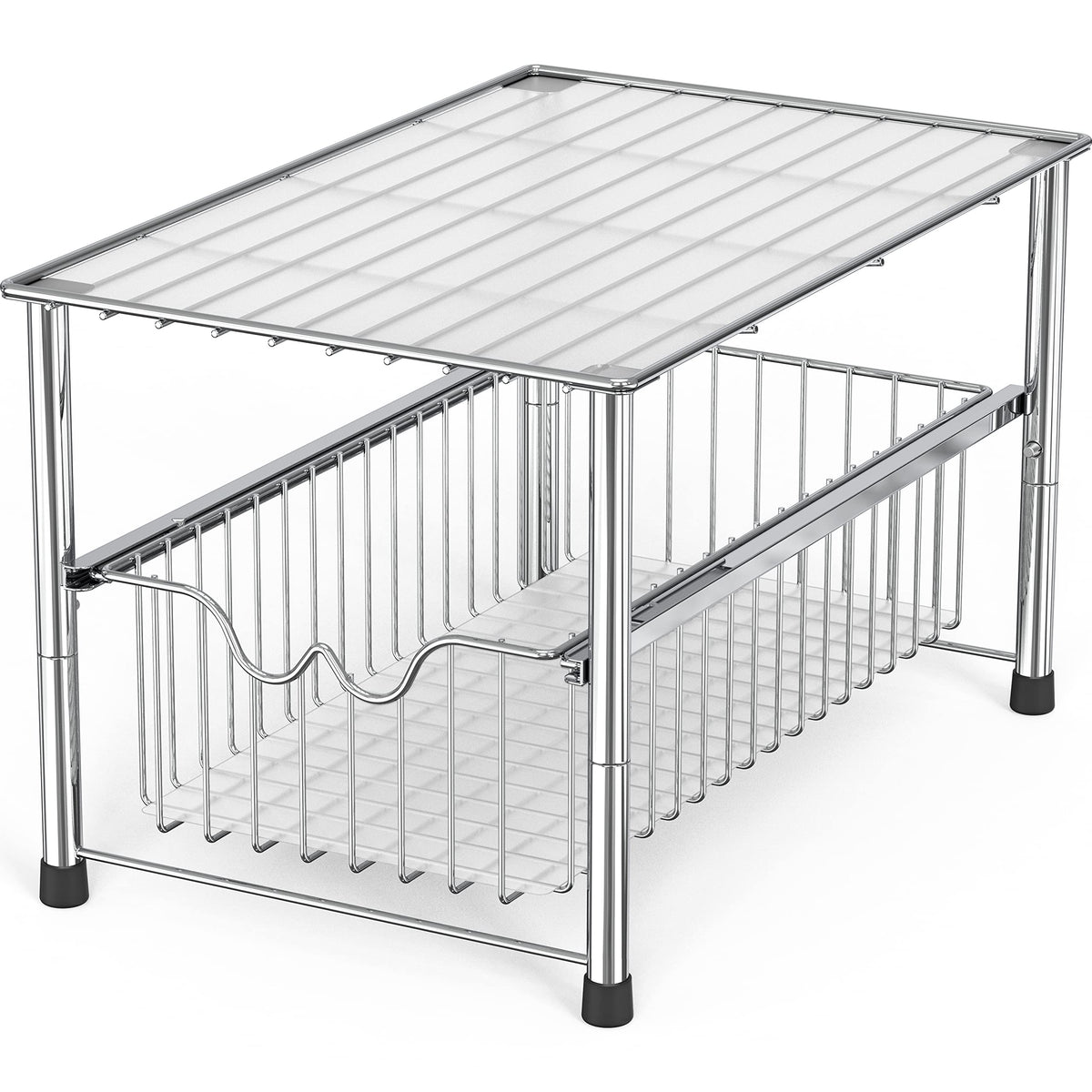 DecoBrothers sliding basket under-sink organizer in chrome for easy access to cleaners