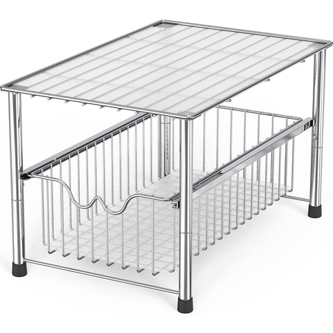 DecoBrothers sliding basket under-sink organizer in chrome for easy access to cleaners