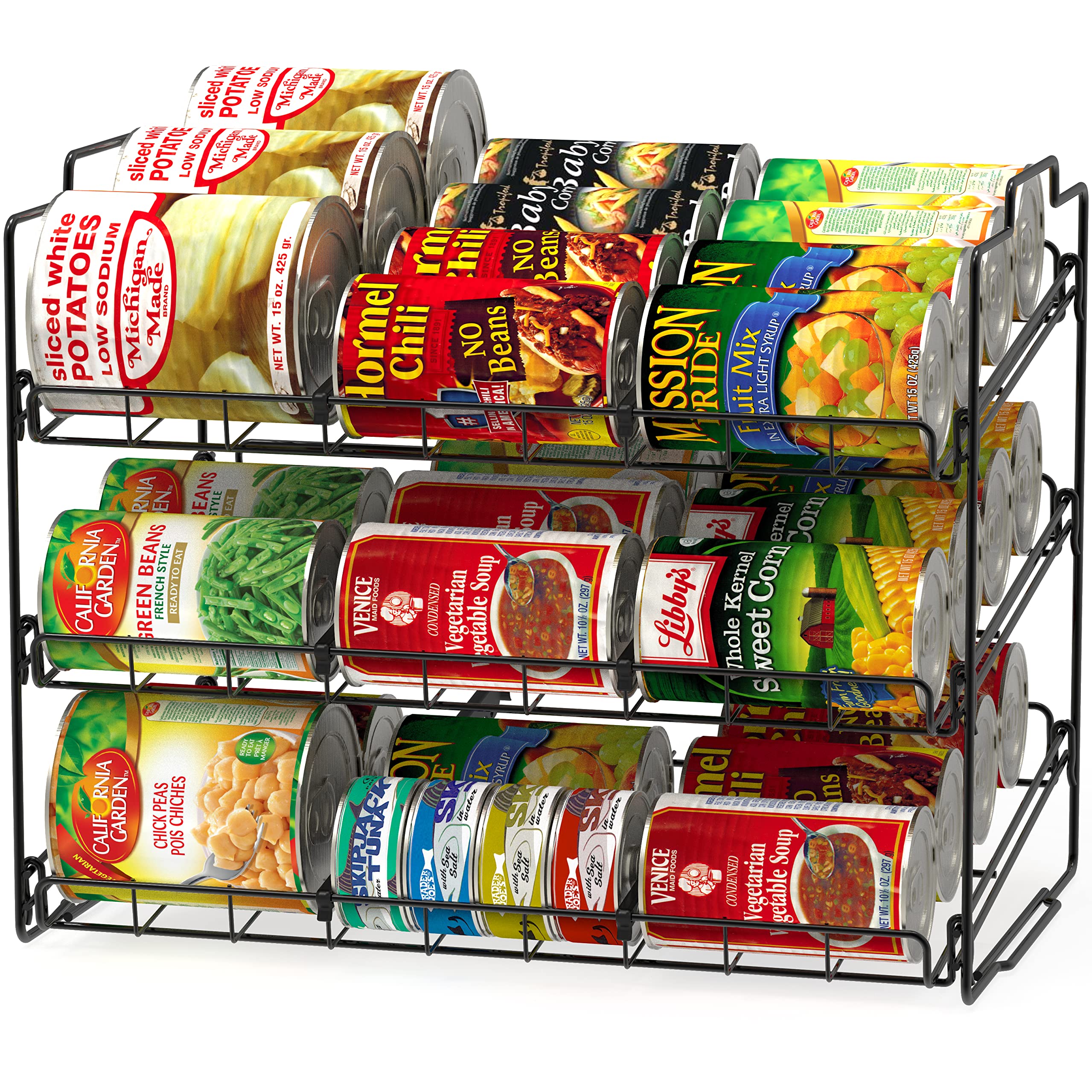 Deco Brothers 3-tier can rack front view for easy pantry access.
