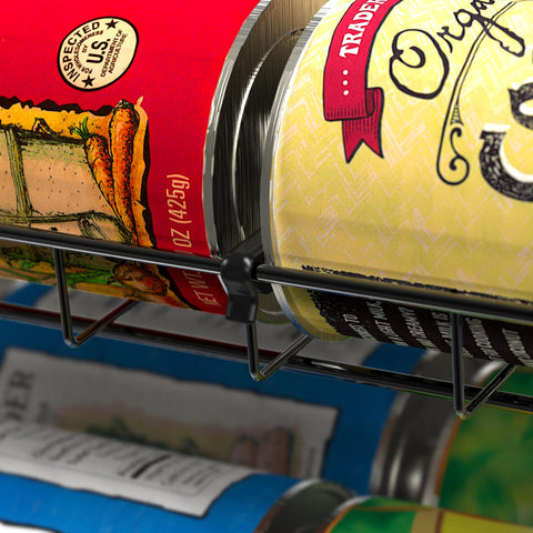 Deco Brothers pantry organizer shown with multiple cans neatly aligned.