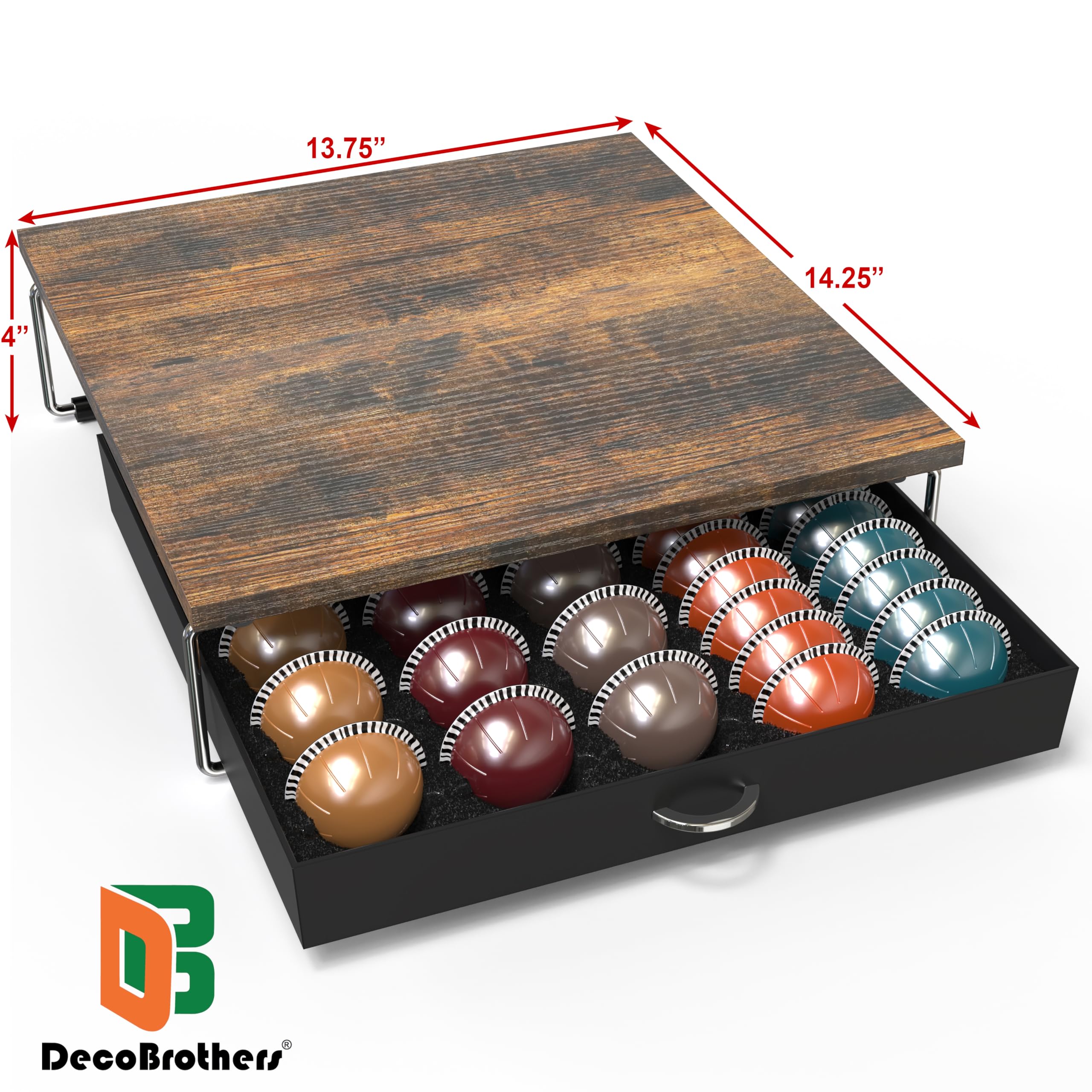 DecoBrothers drawer holding 30 large VertuoLine pods for quick flavor selection.