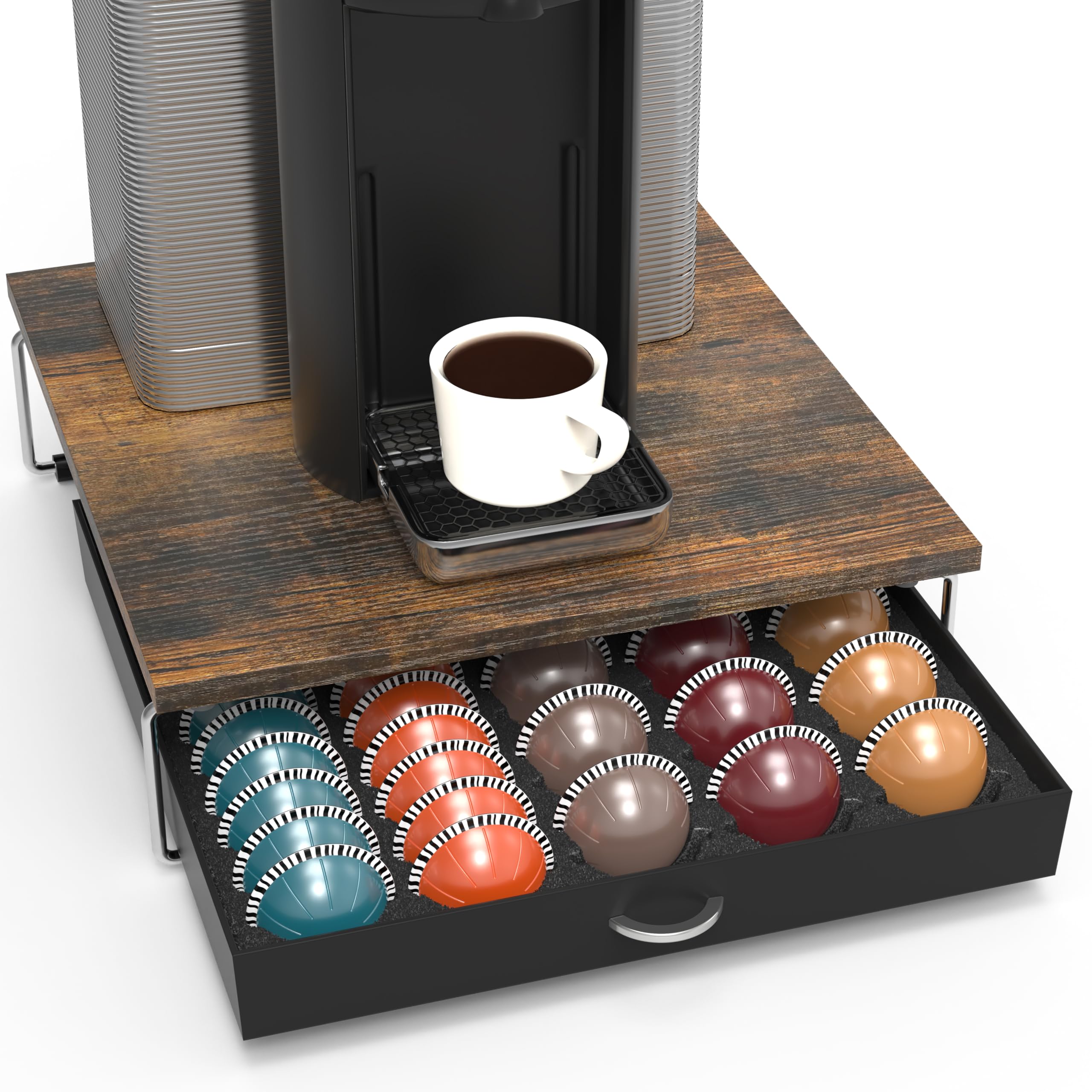 DecoBrothers Supreme Vertuoline Drawer beneath the coffee machine keeps pods neatly accessible.
