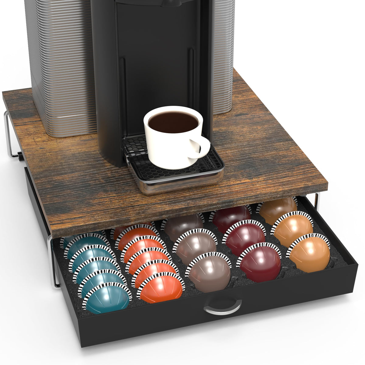 DecoBrothers Supreme Vertuoline Drawer beneath the coffee machine keeps pods neatly accessible.