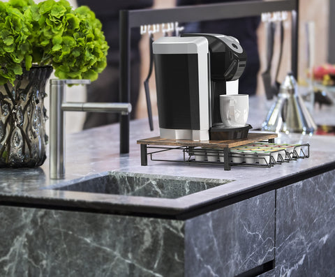 Rustic finish complements kitchen decor while storing coffee pods