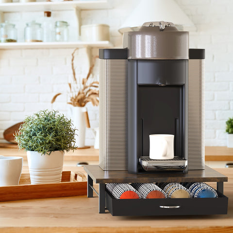 DecoBrothers Vertuo Pod Holder Drawer rustic brown finish blends with kitchen decor.