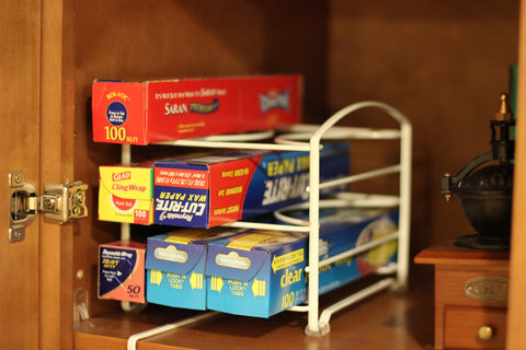 Heavy-gauge steel wrap organizer supports standard wraps and foils with durable build.