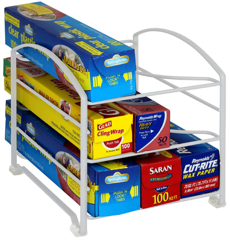 Deco Brothers wrap organizer rack in white installed inside a kitchen cabinet for orderly storage.