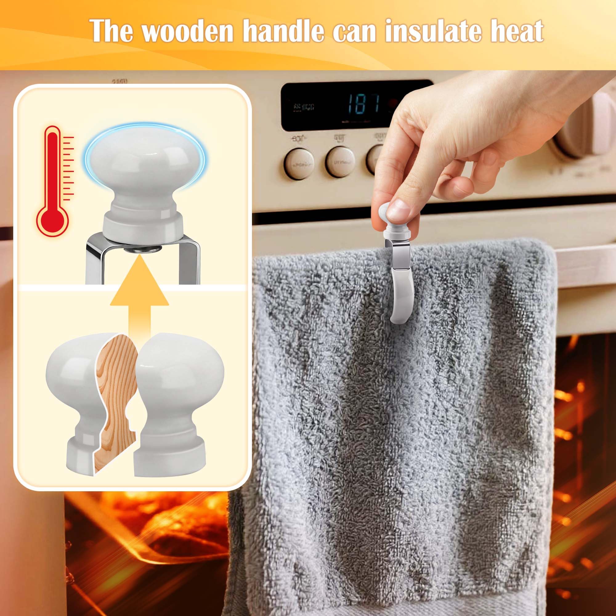 Decoeco towel clip shows wooden handle acting as a heat barrier by the oven.