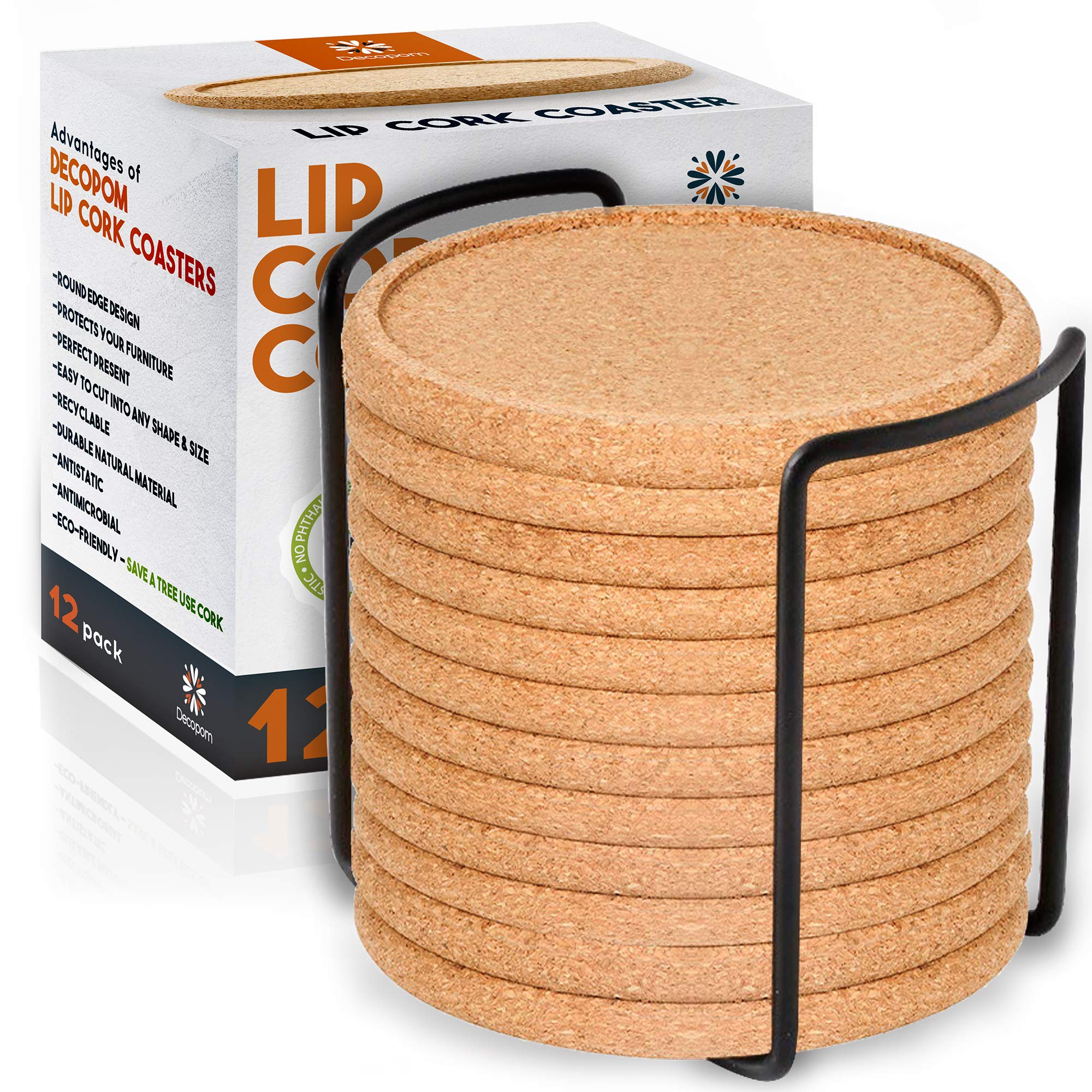 Decopom cork coasters lip-absorbent catch drips to protect surfaces