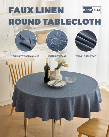 Denim blue Decorelia round tablecloth placed on a kitchen dining setup