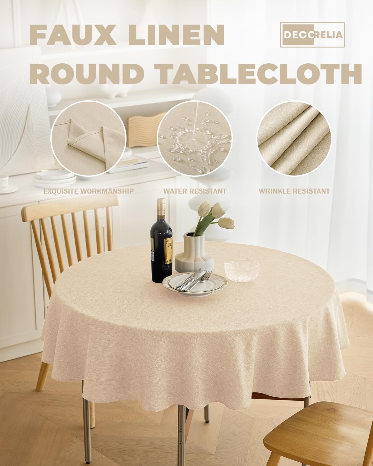 Outdoor dining scene with Decorelia waterproof tablecloth protecting the surface