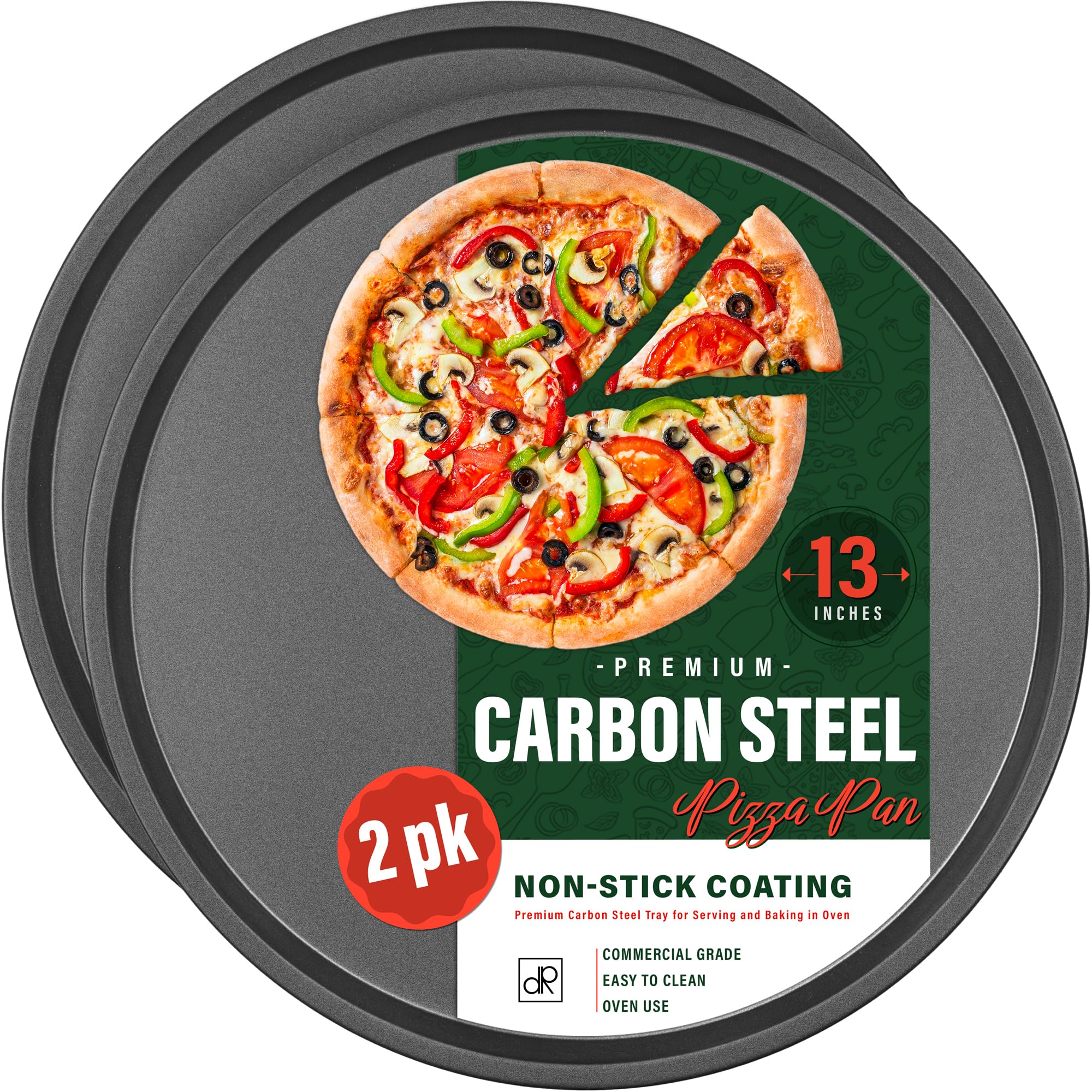 DecorRack 13-Inch pizza pan in carbon steel showing sturdy bake-ready design.