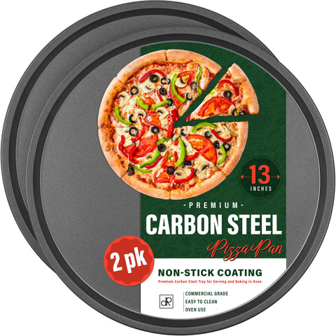 DecorRack 13-Inch pizza pan in carbon steel showing sturdy bake-ready design.