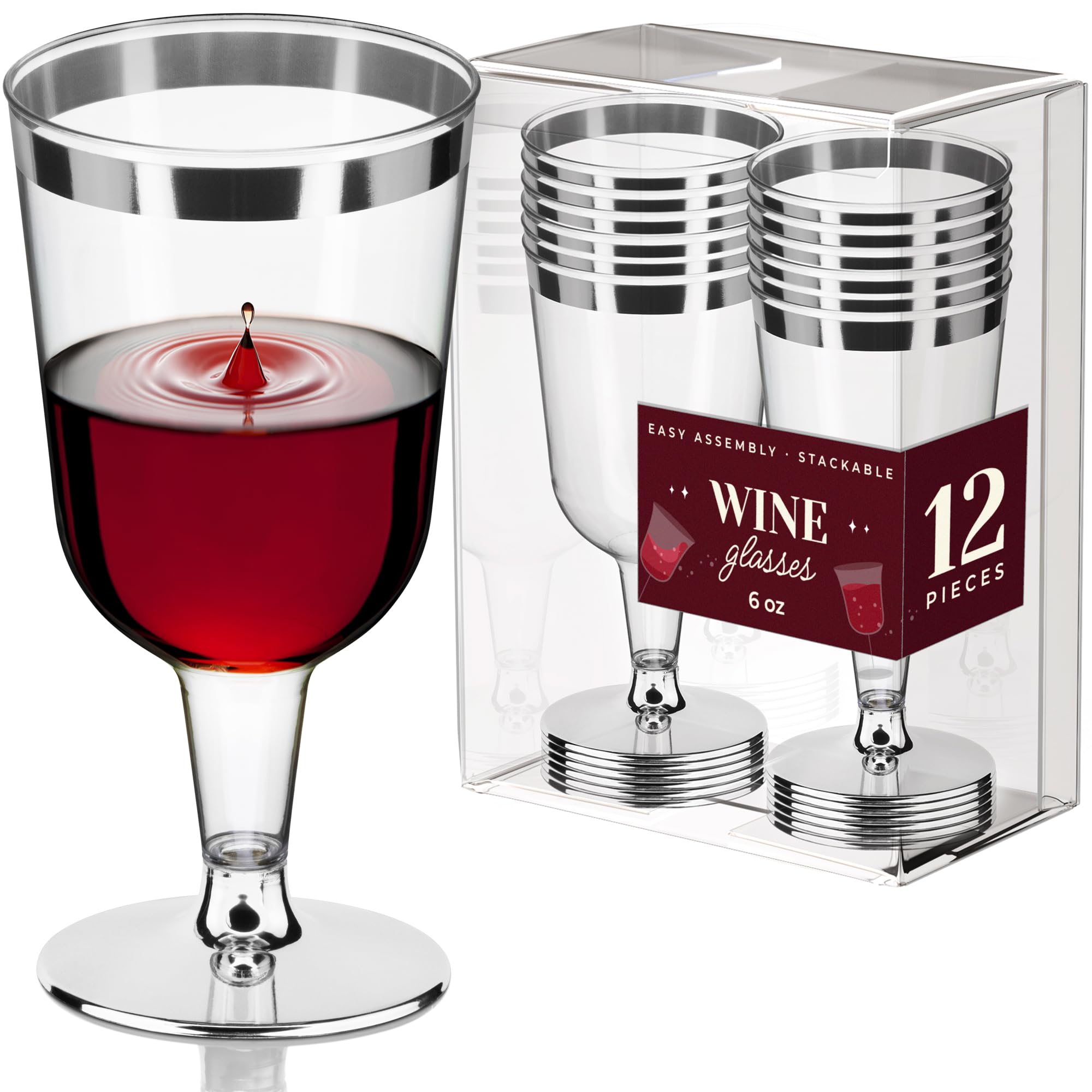 DecorRack BPA-free 6 oz wine glasses with silver rims for outdoor parties.