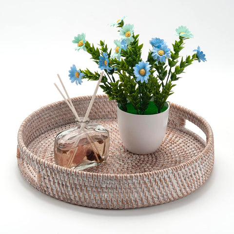 DECRAFTS round rattan tray easy to clean with damp cloth after serving.