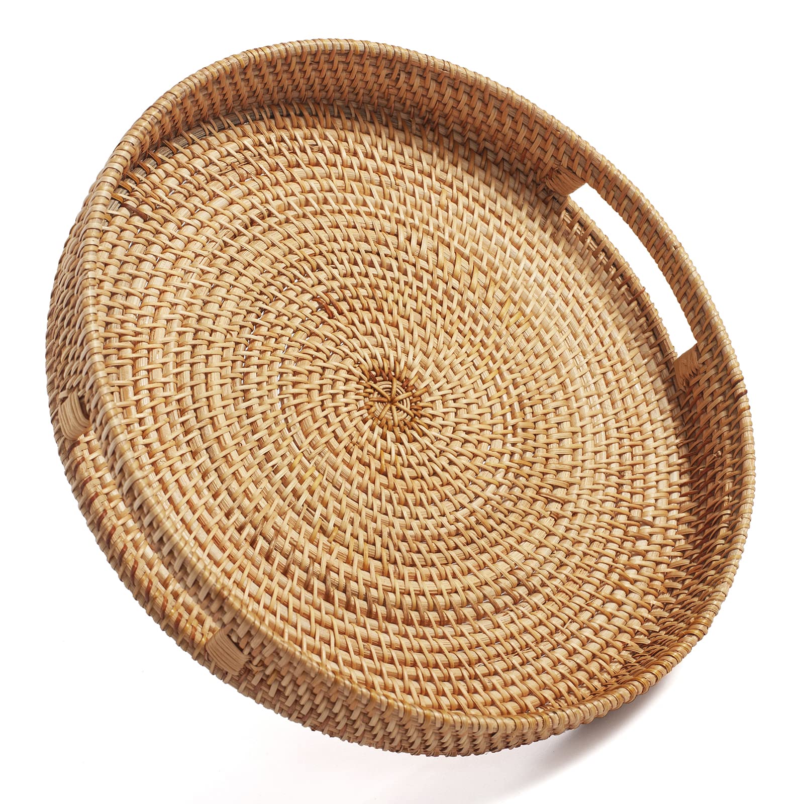 DECRAFTS round rattan serving tray with handles for easy serving and rustic decor.