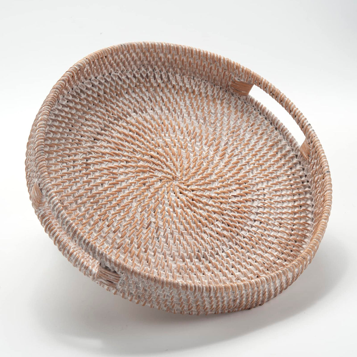 DECRAFTS round rattan serving tray with handles for easy serving.