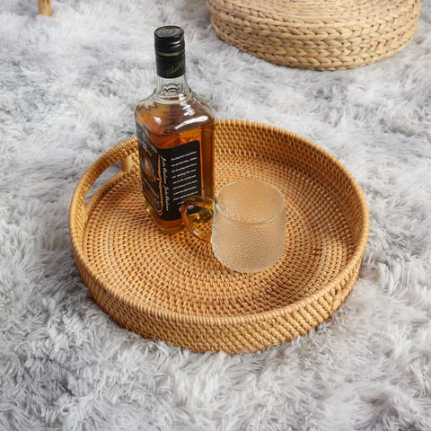 DECRAFTS round rattan serving tray natural tone complements any setting.