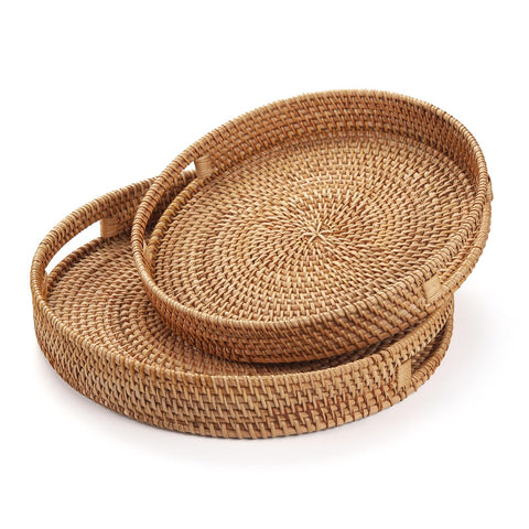 DECRAFTS round rattan serving tray weave closeup highlights handwoven texture.