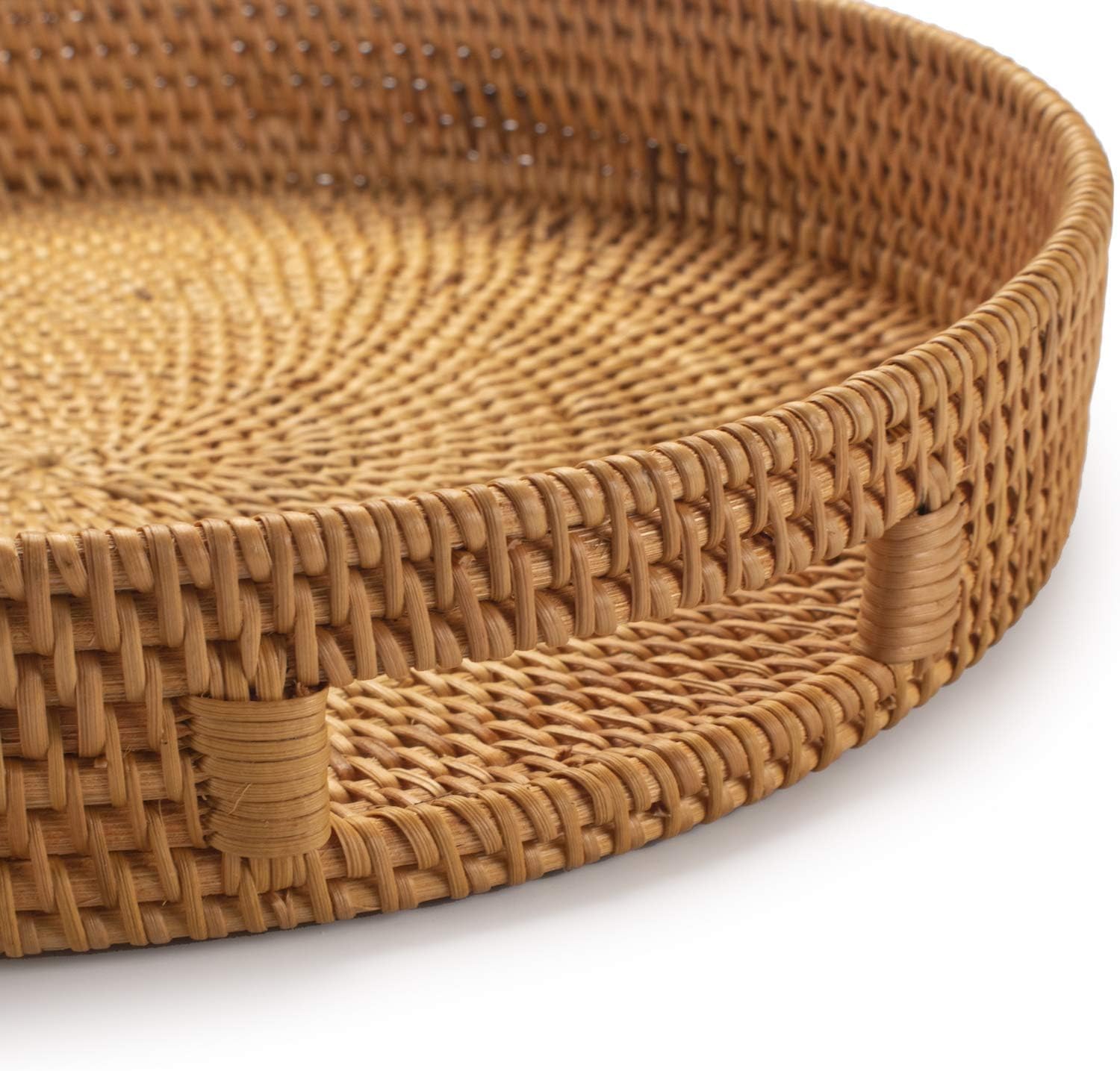 Decrafts handwoven round rattan tray adds natural charm to living spaces.