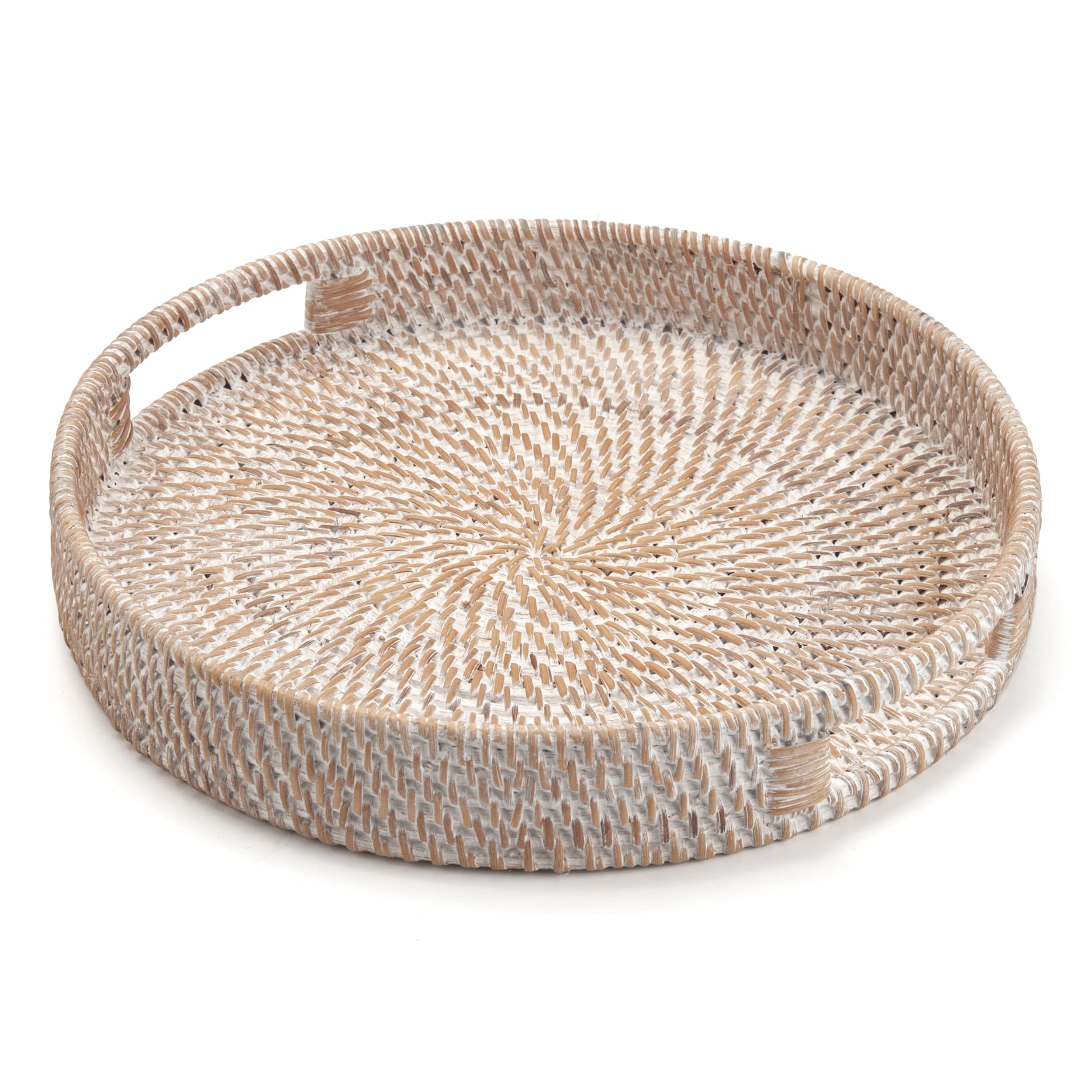 DECRAFTS round rattan tray close-up showing handwoven texture.