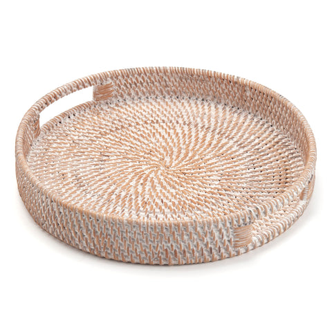 DECRAFTS round rattan tray close-up showing handwoven texture.