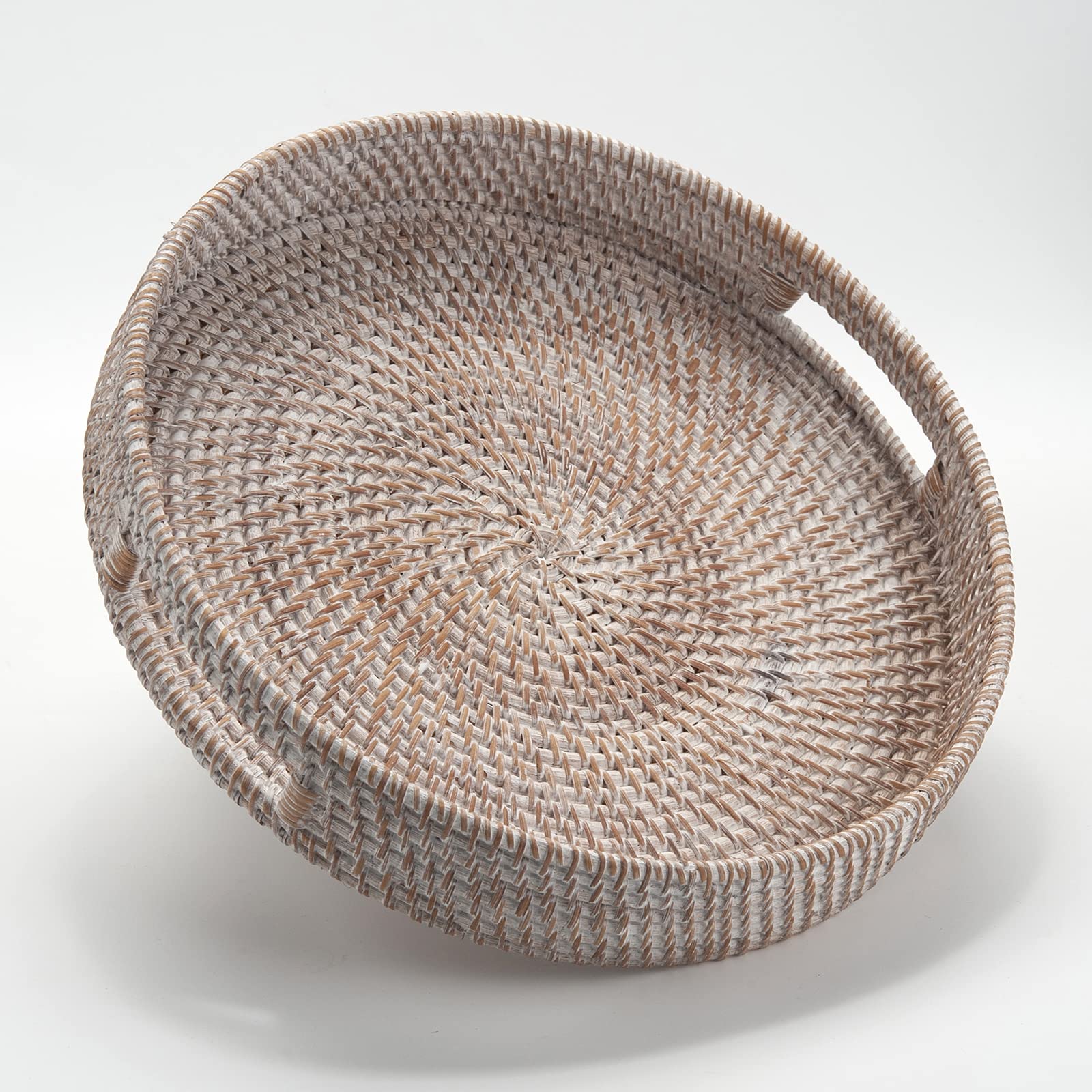 DECRAFTS round rattan tray in white, top view, perfect for stylish coffee table service.