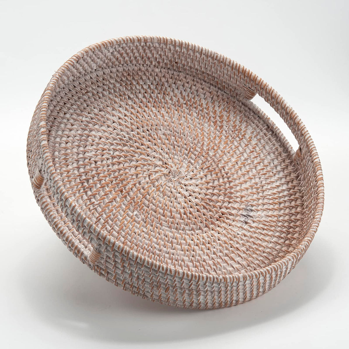 DECRAFTS round rattan tray in white, top view, perfect for stylish coffee table service.
