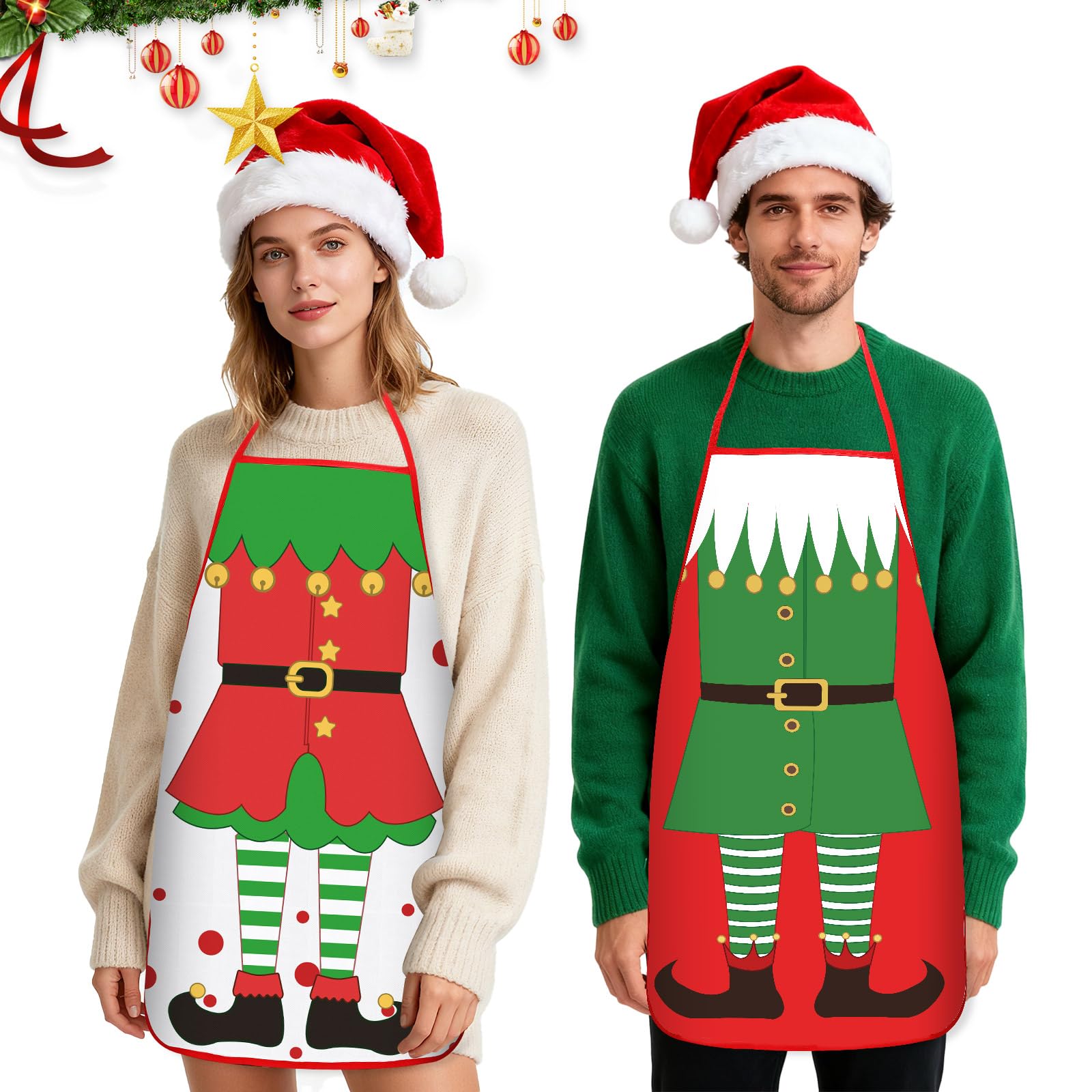 DECYOOL elf apron with red trim and gold buttons for playful holiday attire