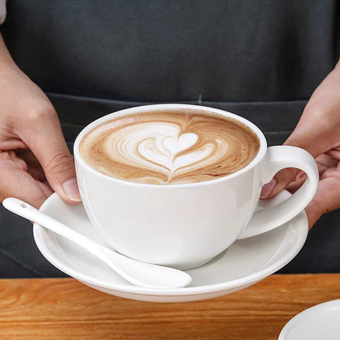 DeeCoo 11oz white cappuccino mug with saucer for generous latte servings at home.