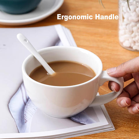 DeeCoo white mug closeup emphasizes sturdy ceramic and easy grip.