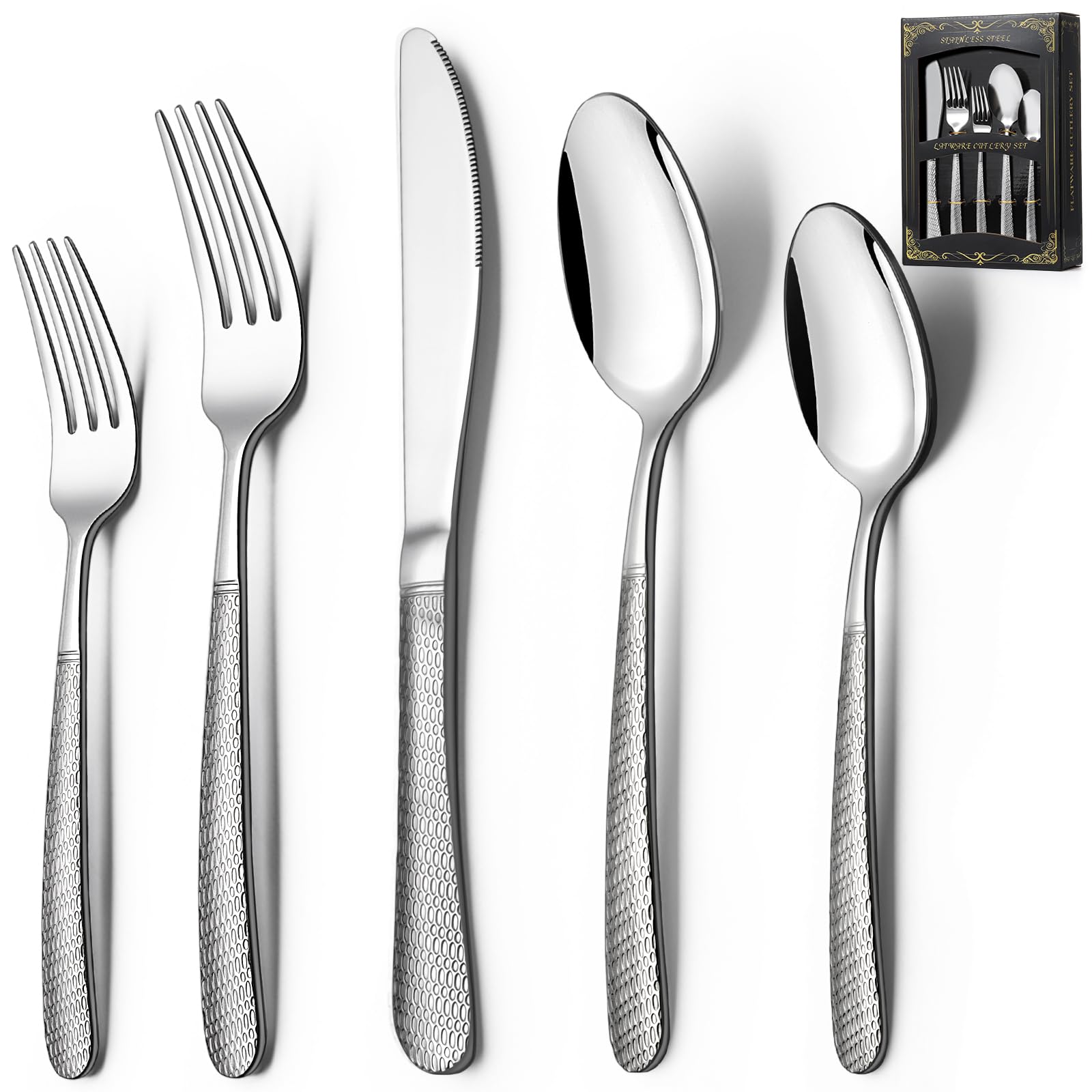 Deedro 40-piece hammered silverware set front view for elegant everyday dining
