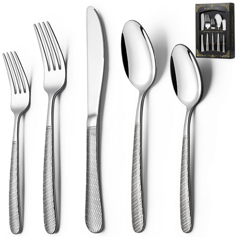 Deedro 40-piece hammered silverware set front view for elegant everyday dining