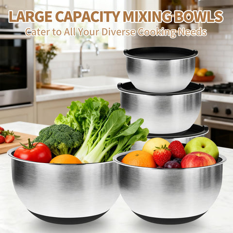 Deedro five-qt stainless steel bowl with mirror interior for effortless mixing.