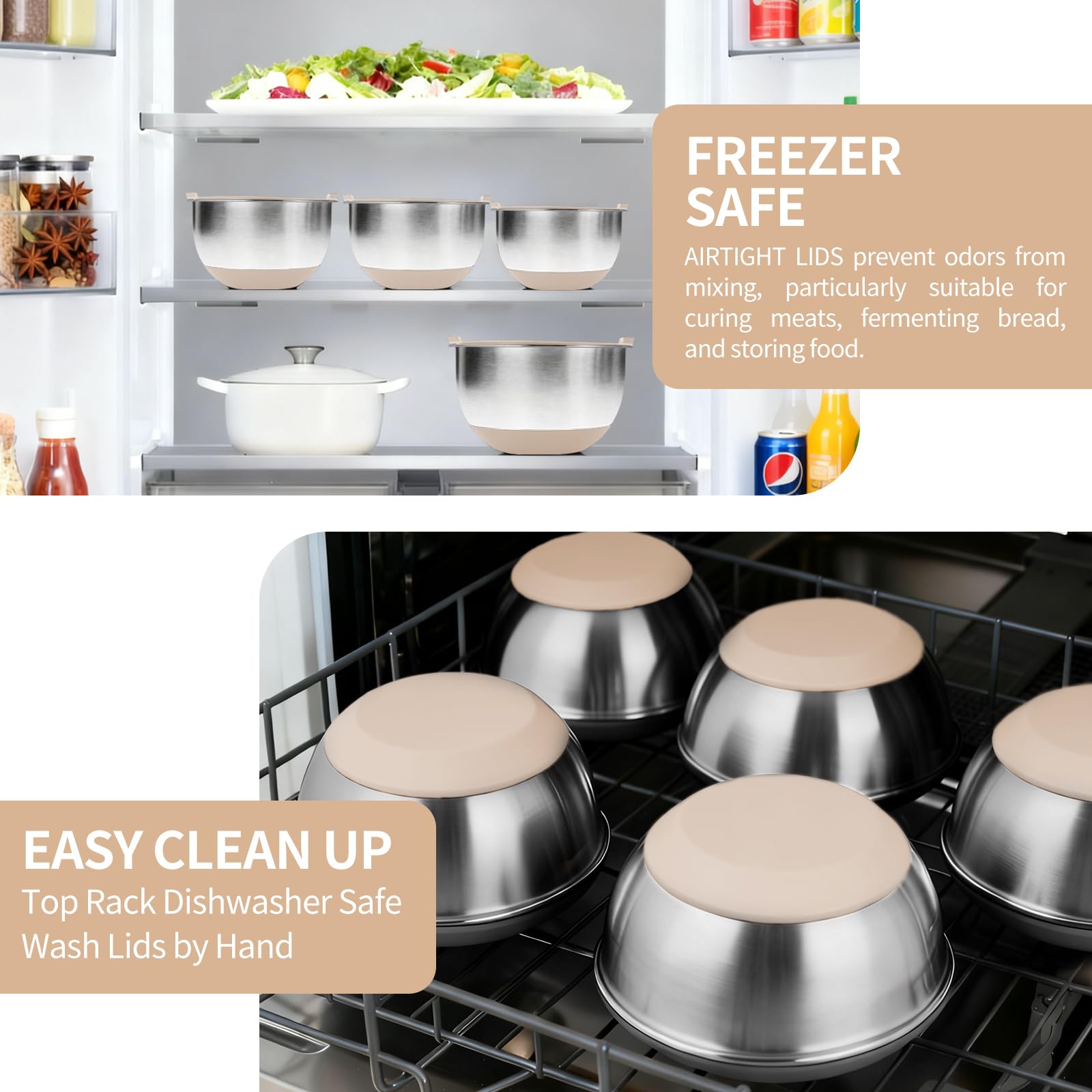 Deedro khaki bowls with lids organized for storage and quick access.