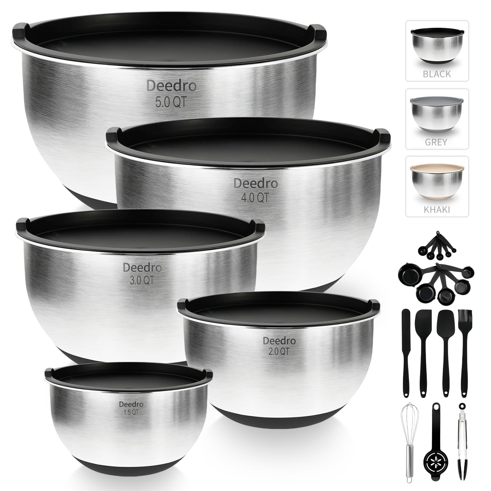 Deedro premium mixing bowls with airtight lids, stacked for easy storage and stability.