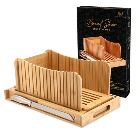 DEEN DYNAMICS bamboo bread slicer shows natural bamboo build for stable slices
