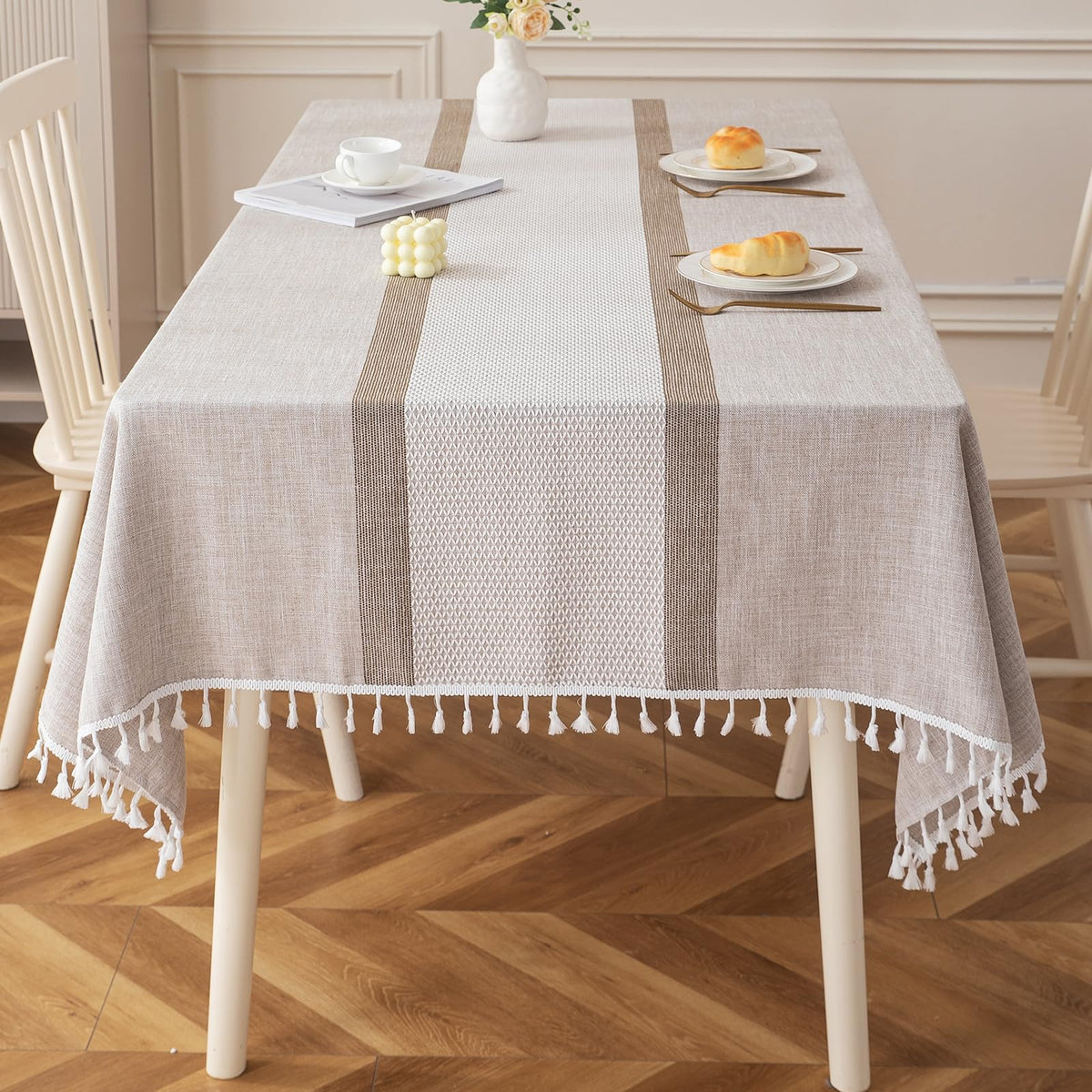 Deep Dream tablecloth with waterproof coating beads liquids for quick cleanup after spills.